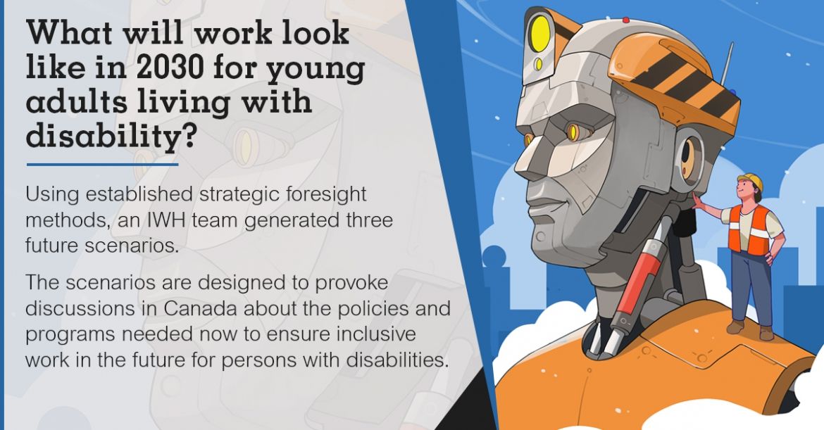 An illustration of a young man standing on the shoulder of a giant robot statue. The text reads: What will work look like in 2030 for young adults living with disability? Using established strategic foresight methods, an IWH team generated three future scenarios. The scenarios are designed to provoke discussions in Canada about the policies and programs needed now to ensure inclusive work in the future for persons with disabilities.