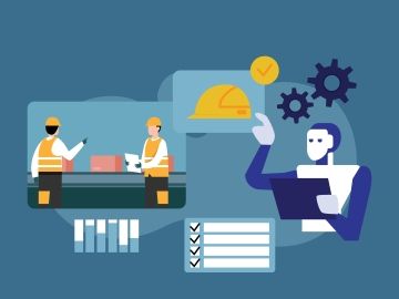 Graphic of workers in front of a conveyor belt wearing safety gear, a robot holds a clipboard.