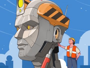 Cover illustration of Three Scenarios of a Future Working World report, which shows a worker standing on the should of a human-looking robot