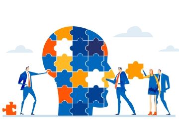 Graphic of people in business suits contributing puzzle pieces to a profile of a head.