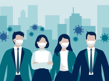 Vector of masked workers standing in front of workplaces with coronovirus surrounding them, implying impact of COVID on workers
