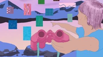 A graphic of a person holding binoculars out while pointing to the horizon.