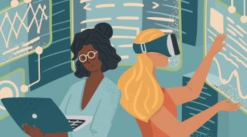 A graphic of two women surrounded by superimposed graphical data and screens. One wears virtual reality goggles and the other holds a laptop computer.