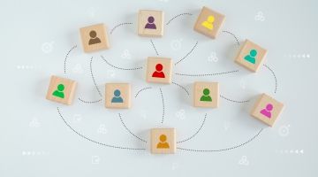 Blocks with icons of people are laid out with lines drawn between them to indicate connection