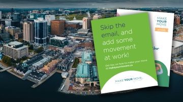 Two brochures from Make Your Move at Work program, superimposed on a photo of the Halifax skyline