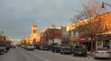 Main street of an Ontario small town in sunset