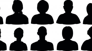 Graphic silhouettes of 18 head and shoulders on two rows