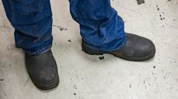 A close-up view of a pair of work boots