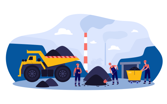 A group of mining workers and machinery.