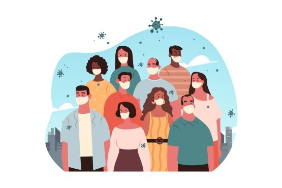 A group of people wearing masks
