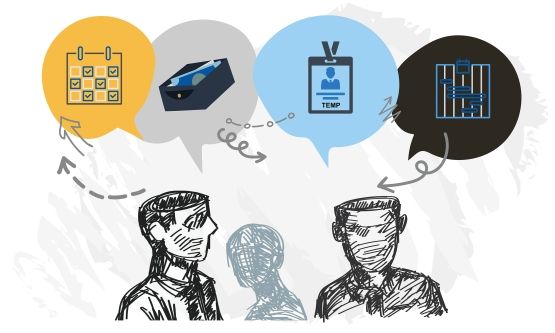 A drawing of a group of people with speech bubbles depicting thoughts of work hours and wages.