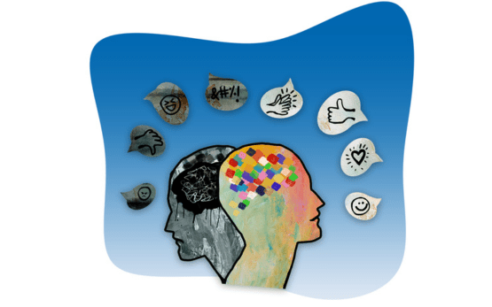 A drawing of two heads with various different thought bubbles.