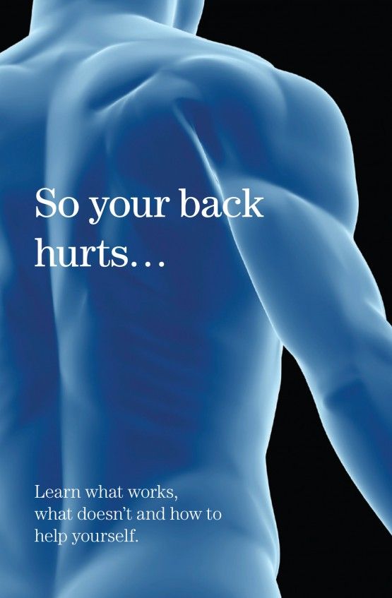 Front cover of So Your Back Hurts booklet, showing a blue-tinted close-up of a bare back