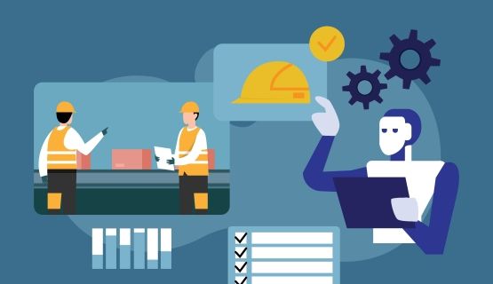 Graphic of workers in front of a conveyor belt wearing safety gear, a robot holds a clipboard.