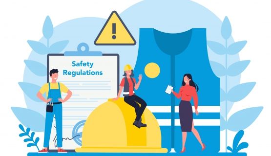 Graphic of a man and two women among large images of safety equipment such as a list of regulations, a hard hat and a vest