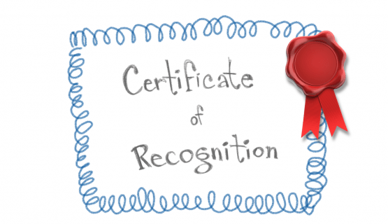 A red ribbon is affixed to a paper bearing the words Certificate of Recognition