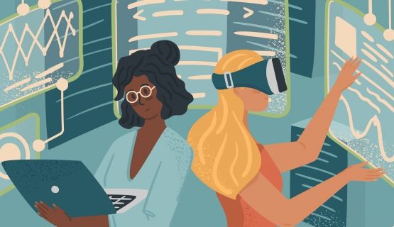 A graphic of two women surrounded by superimposed graphical data and screens. One wears virtual reality goggles and the other holds a laptop computer.