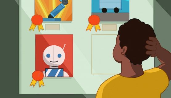 Drawing of a Black youth looking at the Employee of the Month board, which features pictures of robots. 