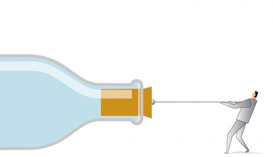 A drawing of a man pulling on the cork stopper off a bottle