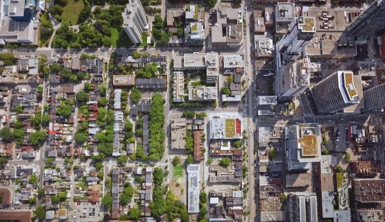 Overhead view of the Toronto's downtown and an adjacent residential neighbourhood
