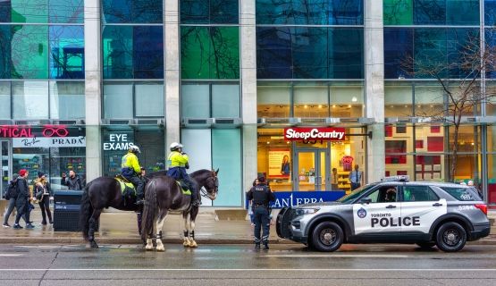 Toronto police officers in a car and on horses. 