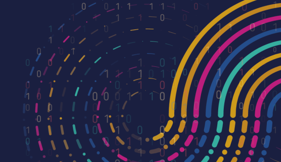 Colourful lines and dots interspersed with zeros and ones