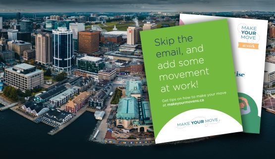 Two brochures from Make Your Move at Work program, superimposed on a photo of the Halifax skyline