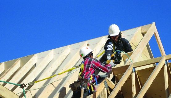 Roofers Tied Off with Nail Gunbooth IHSA