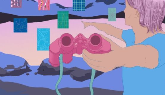 A graphic of a person holding binoculars out while pointing to the horizon.