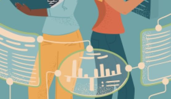 A graphic of two women surrounded by superimposed graphical data and screens. One wears virtual reality goggles and the other holds a laptop computer.