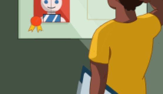 Drawing of a Black youth looking at the Employee of the Month board, which features pictures of robots. 