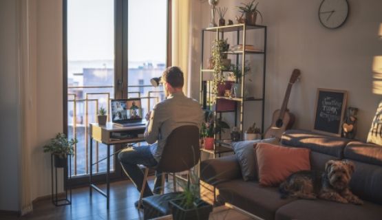 A man sits at a desk on a video call in his apartment's living room.