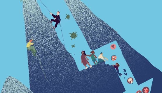 An illustration of young people helping each other climb out of a mountain crevice