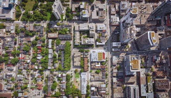 Overhead view of the Toronto's downtown and an adjacent residential neighbourhood