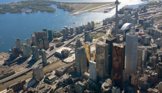 Overhead shot of downtown Toronto and waterfront Thumbnail