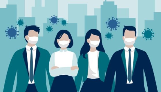 Vector of masked workers standing in front of workplaces with coronovirus surrounding them, implying impact of COVID on workers