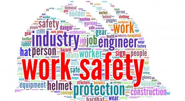 A word cloud in the shape of a hardhat focusing on work safety